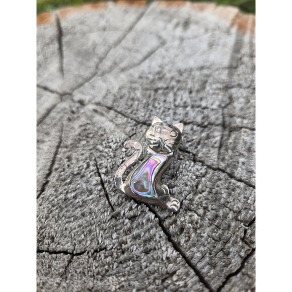Taxco Cat Brooch Pin Abalone Shell Sterling Silver Vintage Jewelry Cute Retro - Picture 4 of 10